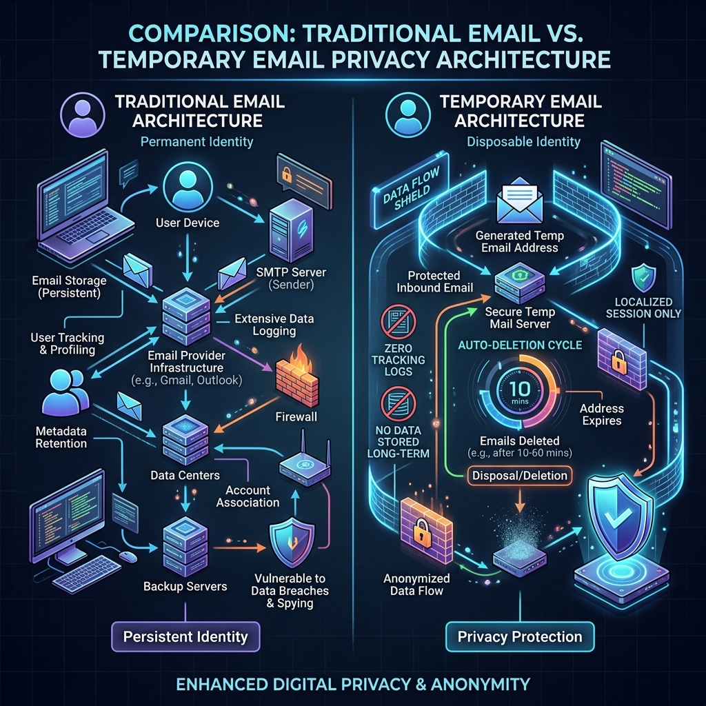 Traditional Email vs. Temporary Email Privacy Architecture Chart